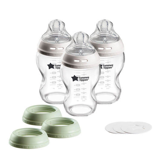 Biberón de Vidrio Tommee Tippee Natural Start 9oz Transparente con Tetina de Flujo Lento para una Lactancia Natural, Set 3 en 1 para Bebé