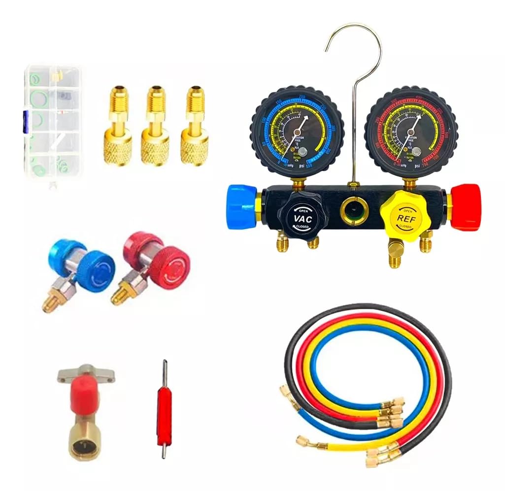 FIXITFAST 4cfm 1/3hp Bomba De Vacío + Manómetro R134a/r22/r410a/r404a Para refrigeración hvac carga y mantenimiento, sin aceite,juego de manómetros de colector de 4 vías