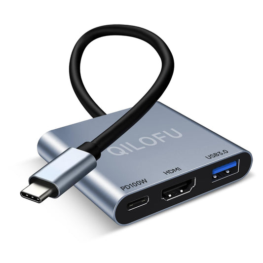 Adaptador USB C a HDMI QILOFU Plata con Multipuertos y Carga Rápida 4K Compatible para MacBook y Galaxy