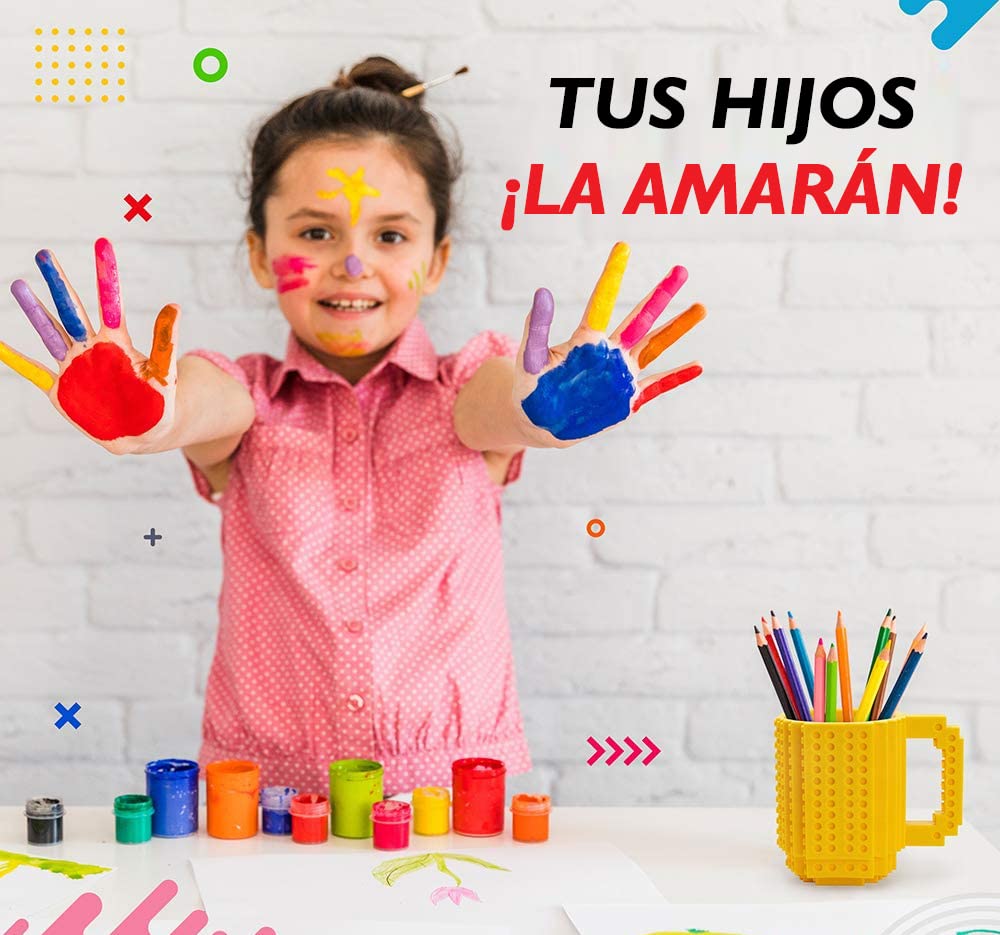John & John Taza armable de diseño Divertido para Ladrillos, Incluye un muñeco y 2 Sets de Bloques de construcción para Jugar (10 Colores) - Amarillo