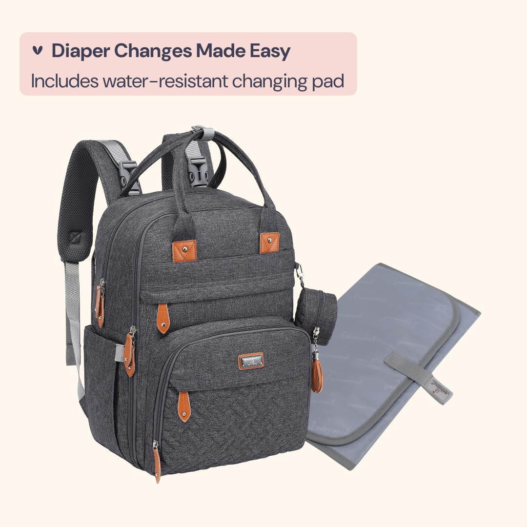 BabbleRoo - Mochila para pañales, multifuncional, impermeable, bolsa de pañales para bebé, con cambiador, correas para carriola y funda para chupete, unisex, gris oscuro