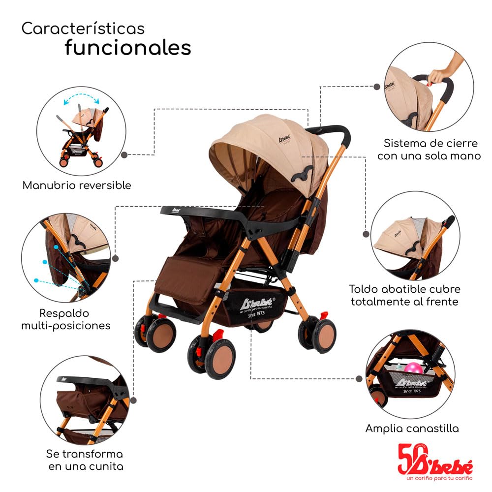 D´Bebé Carriola Baby BM Beige-Manubrio ajustable a 2 posiciones: posicion general y reversible -Respaldo con 3 posiciones de reclinado