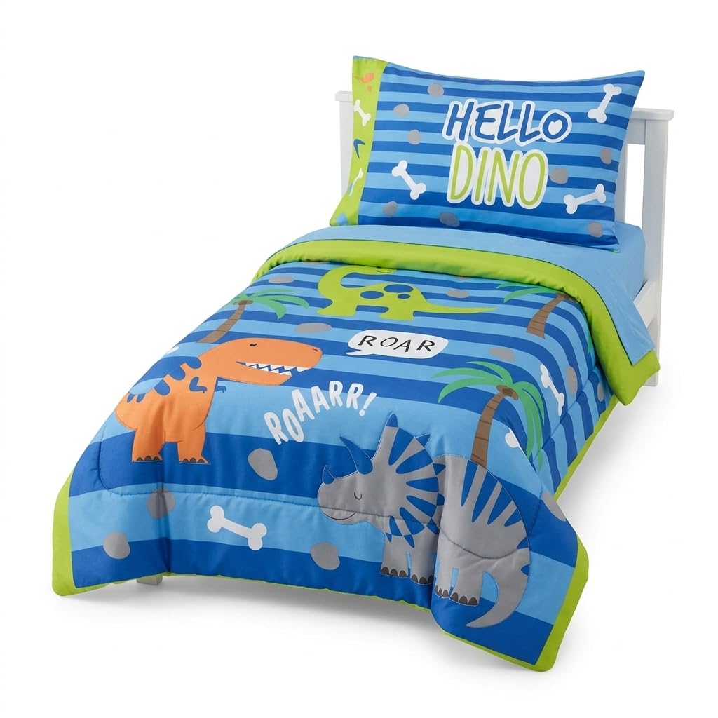 EVERYDAY KIDS - Juego de ropa de cama de 4 piezas para niños pequeños – Dinosaurios rugientes – Incluye edredón, sábana encimera, sábana bajera ajustable y funda de almohada reversible – Ropa de cama