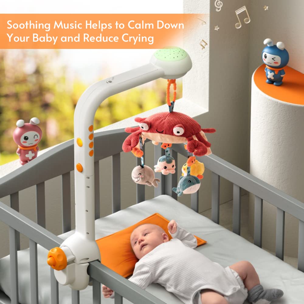 Juguete Móvil Musical XCPHGFM Cangrejo Multifuncional Giratorio 360° con Proyector Estrellado y Sonajeros Colgantes para Bebés Recién Nacidos