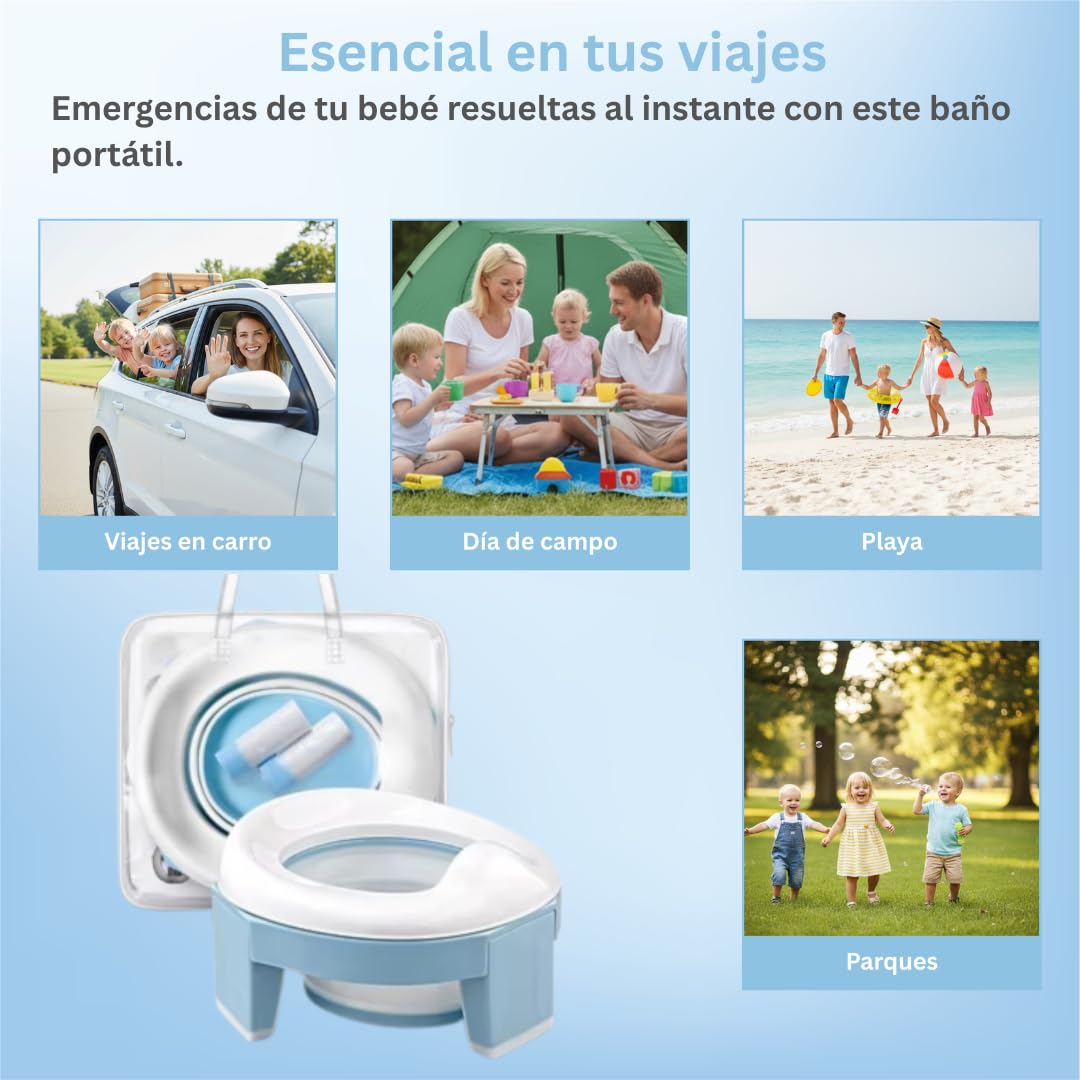 Baño Entrenador Niño 2 en 1 (Bacinica Portátil y Asiento de Inodoro). Para Potty Training. Plegable, Fácil y Seguro, Ideal para Casa, Viajes, Camping. Incluye: Maletita, 5 Rollos de Bolsas (Azul)