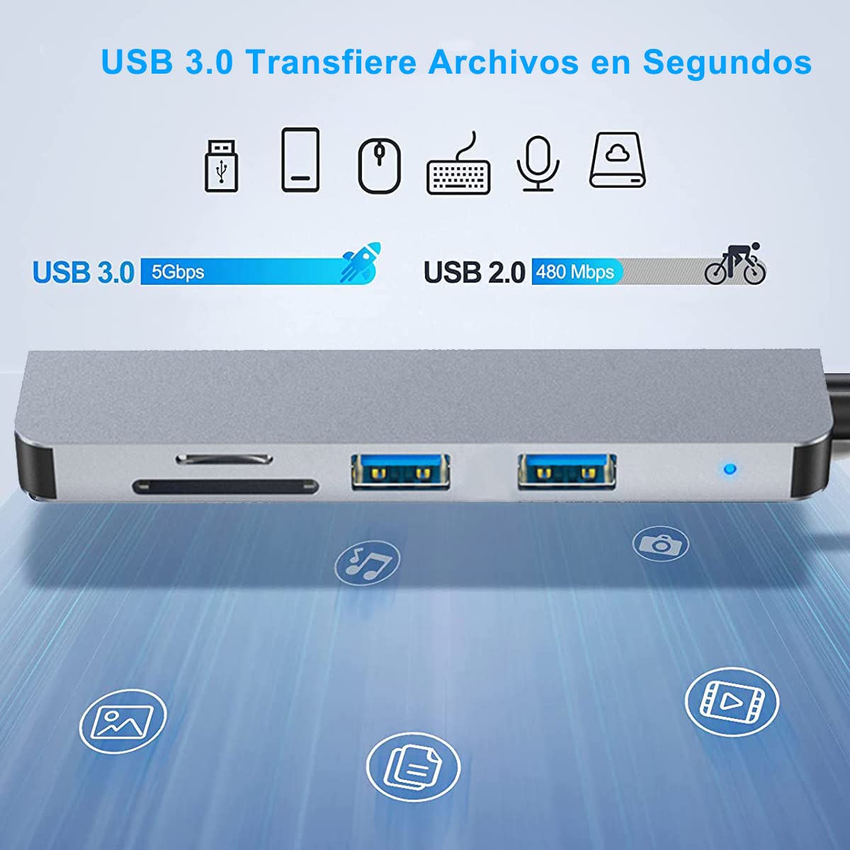 Hub USB C, 5 en 1 Adaptador Multipuerto USB C 3.0 con 3 Puertos USB Lector de Tarjetas SD/Micro SD, Compatible con MacBook Air/Pro iPad Chromebook Lenovo Huawei Surface