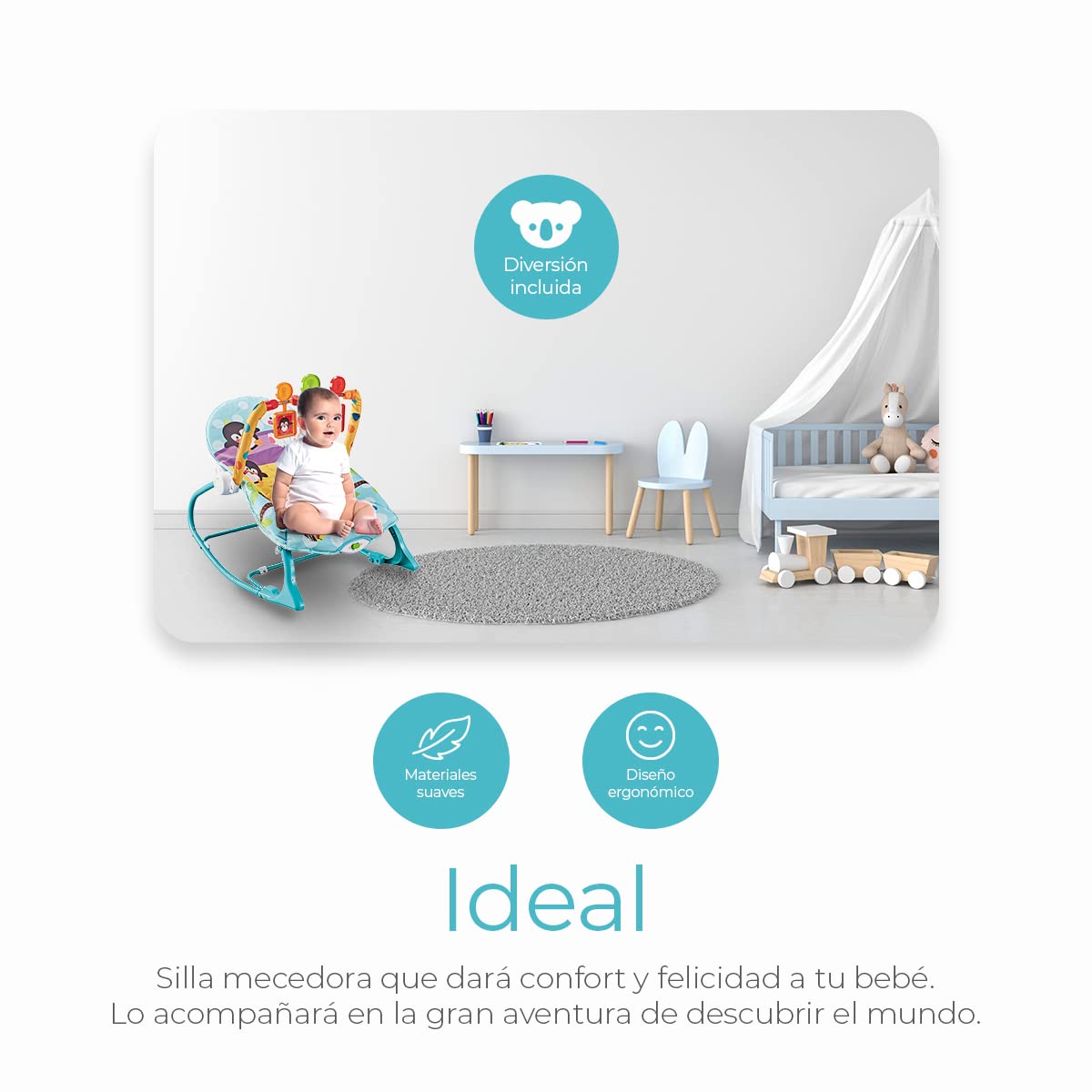 Silla Mecedora Raganet Verde Agua con Barra de Juguetes Desmontable para Bebés y Niños