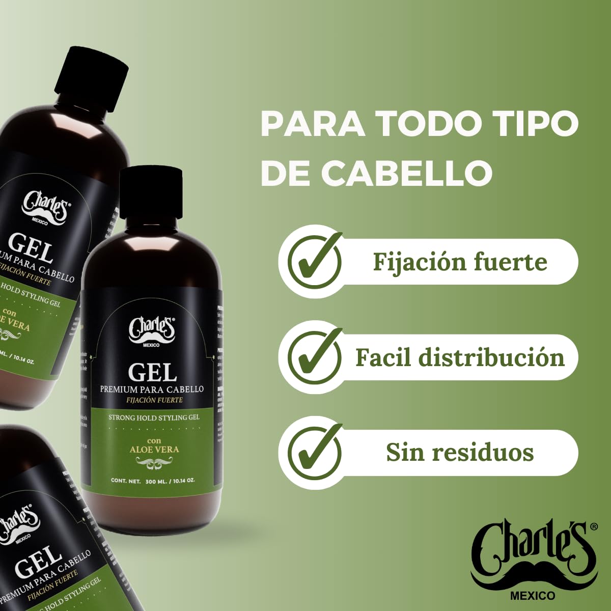 Charle’s – Gel Para Cabello Premium 300mL – Fijación Fuerte – Con Aloe Vera – Sin alcohol - No deja residuos – Acabado natural – Fácil distribución.