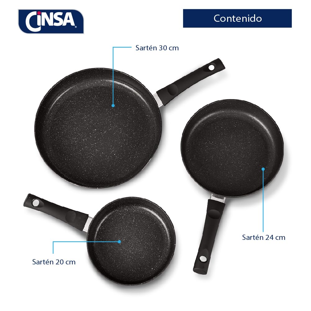 Cinsa Juego de Sartenes Forta Roca, 3 piezas, Aluminio Forjado (Sarten 20, 24 y 30 cm)