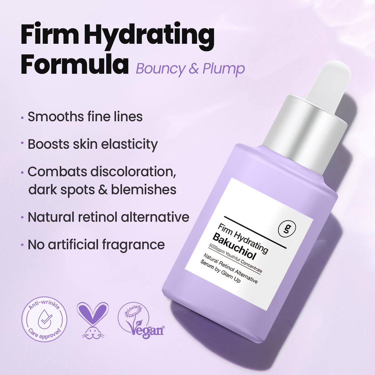 Glam Up Firm Hydrating Bakuchiol Serum - Anti-Aging Retinol Alternative Serum, Blur Fine Lines, Wrinkles, and Dark Spots, Hydrate Facial Skin, Cruelty-Free (1.01 Fl Oz)