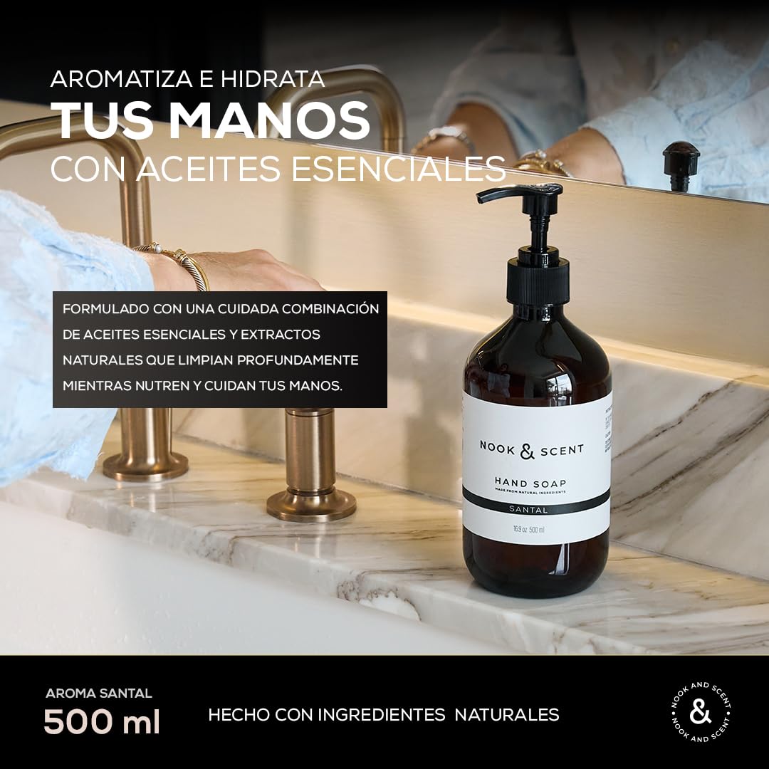 Jabón Líquido para Manos | 500 ml | Limpieza y Frescura | Libre de Sulfatos y Parabenos, Vegano, Aceites Esenciales, Aroma Energizante de Limón y Naranja | Nook & Scent (Santal)