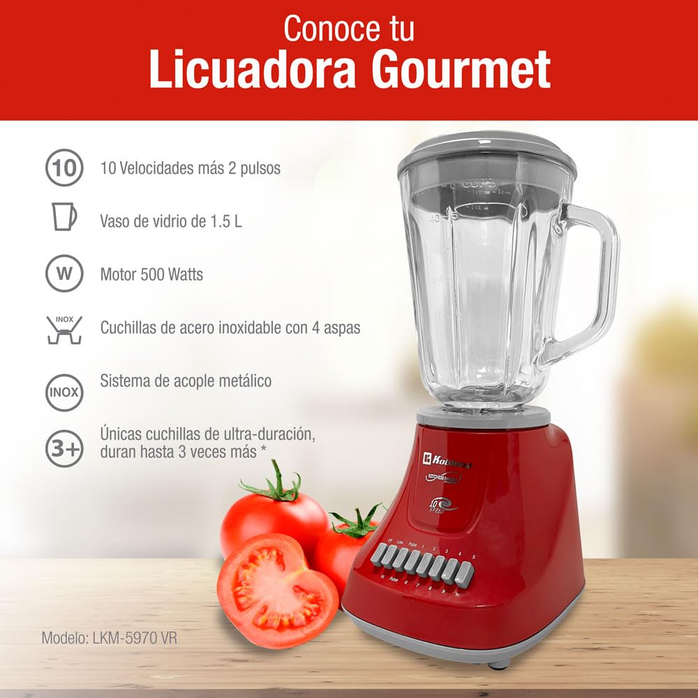 Licuadora Koblenz Gourmet con Vaso de Vidrio de 1.5 L, 10 Velocidades y Función de Pulso de 2 Niveles, 4 Cuchillas de Ultra-duración, Tritura Hielo, Malteadas, Purés, 500 W, Color Rojo (LKM-5970 VR)