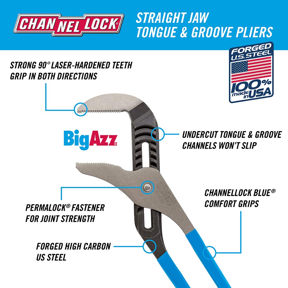 Channellock 480 BIGAZZ - Alicates de lengüeta y ranura | Alicates de junta de ranura de mandíbula recta de 20.25 pulgadas | Capacidad de mandíbula de 5.5 pulgadas | Dientes tratados térmicamente con