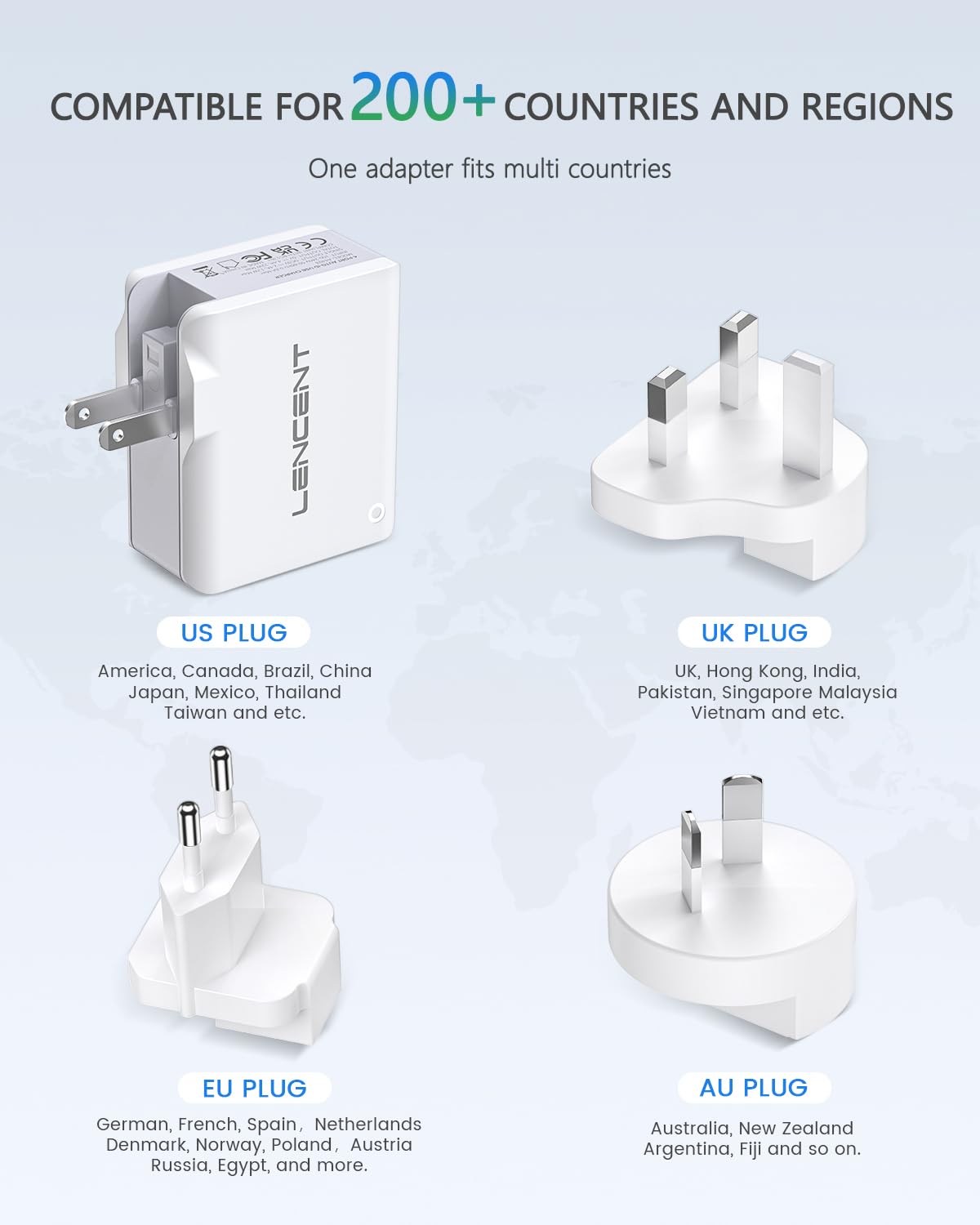 LENCENT Cargador USB, Ladron Enchufes con 4 Puertos USB, 4.4A 5V Adaptador para Viaje, Adaptador de Enchufe Universal UK/USA/EU/AUS para Phone, Celulares, Tabletas y Más