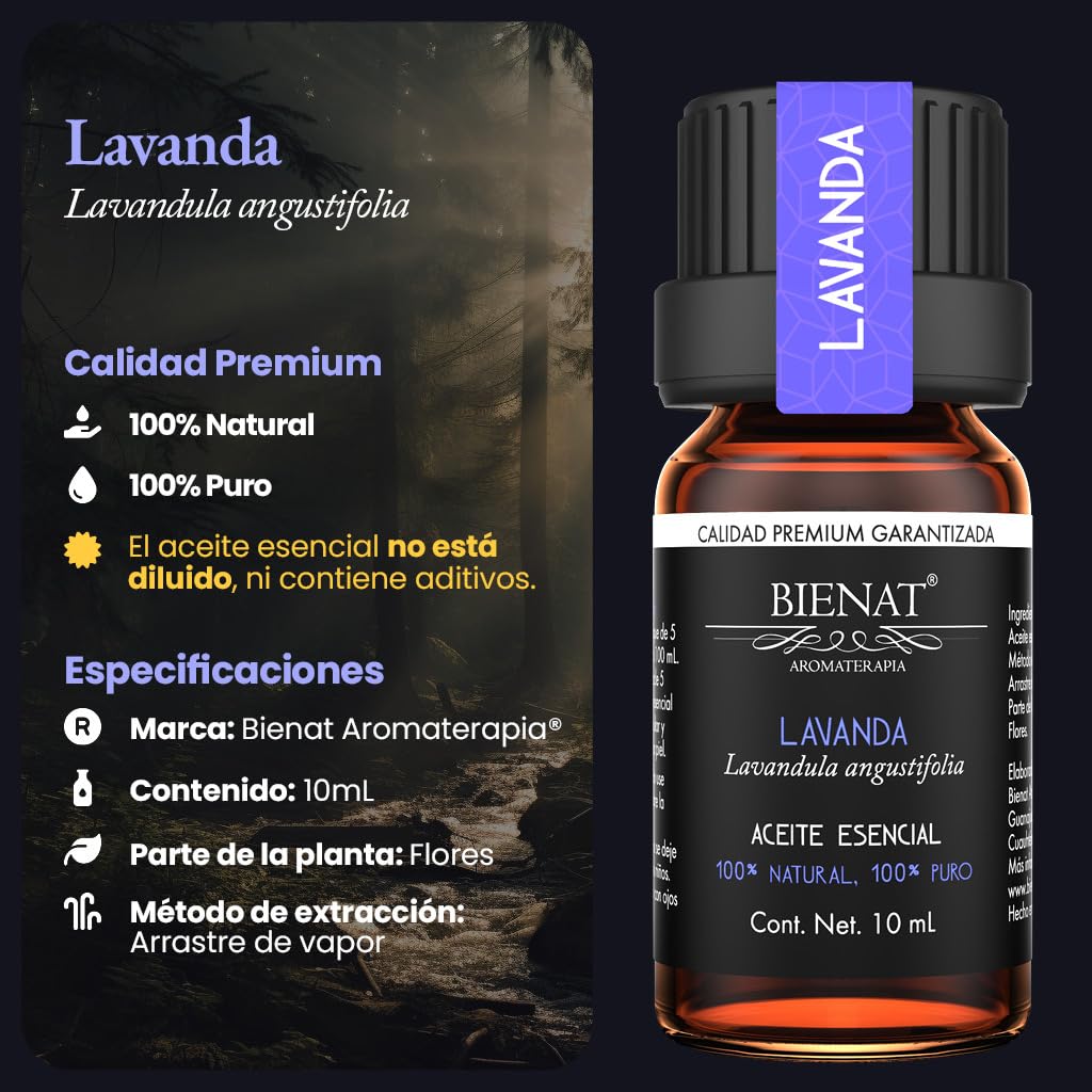 BIENAT AROMATERAPIA Aceite Esencial de Lavanda 10mL | 100% Puro y Concentrado | Ideal para Difusor de Aromas, Humidificador, Aromaterapia, Masajes, Meditación, Jabones y Velas | Esencia Natural en Gotas