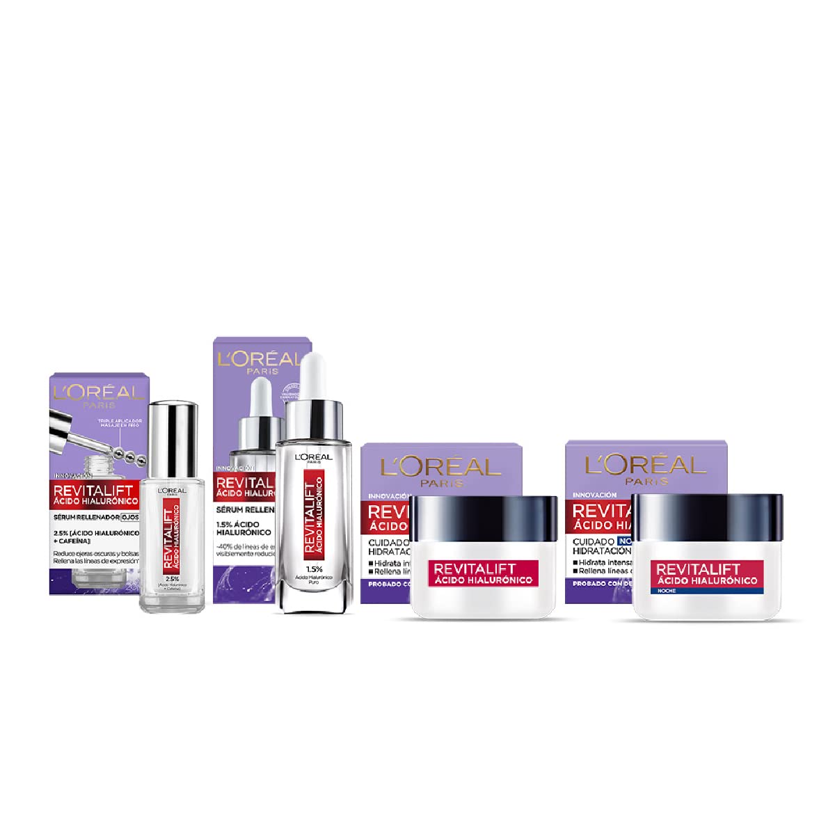 L'OREAL PARIS Kit Ácido Hialurónico serum+ serum ojos+ crema dia+ crema noche, Blanco, 4 unidad + L'Oreal Paris Serum Facial Anti Arrugas Acido Hialuronico Revitalift L'Oreal Paris