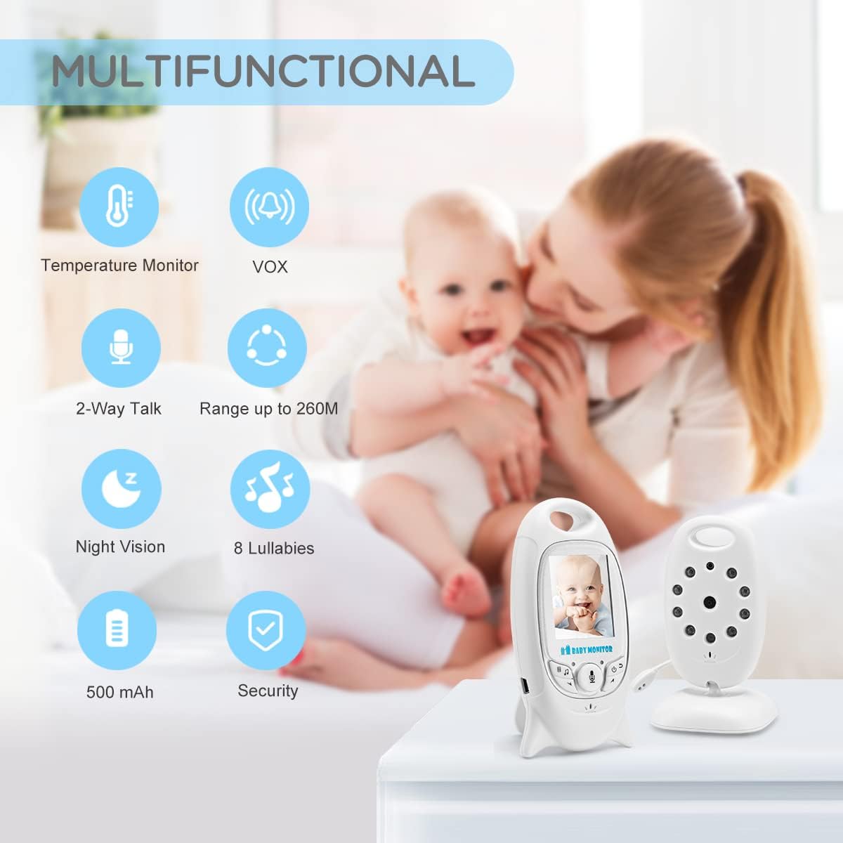 Monitor de Bebé TKMARS Blanco con Cámara y Audio sin WiFi para Nuevas Mamás