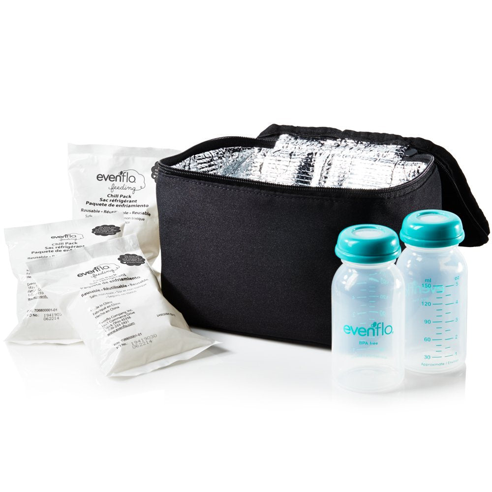 Bolsa de Accesorios de Bombeo Evenflo Feeding Negra con Botellas y Adaptadores para Lactancia Materna