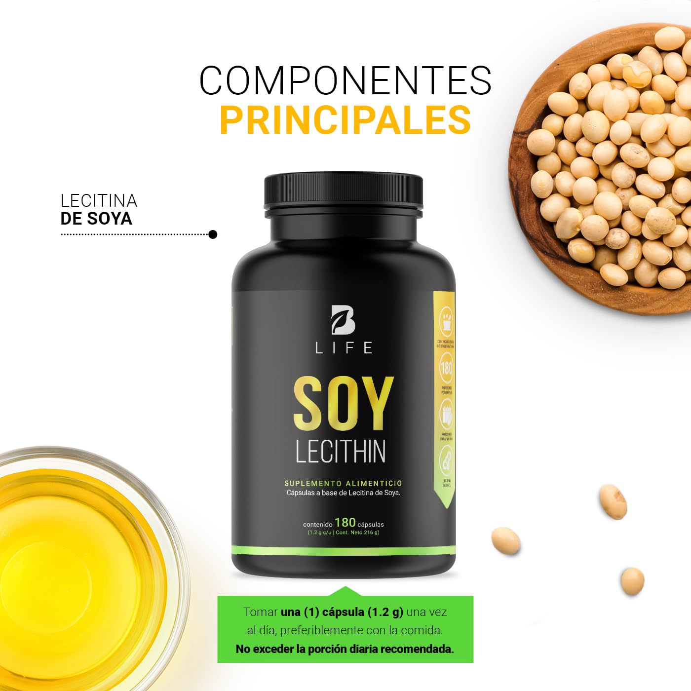 Lecitina de Soya de 180 Cápsulas blandas de 1200 mg. Ingredientes naturales. Soy Lecithin B Life.