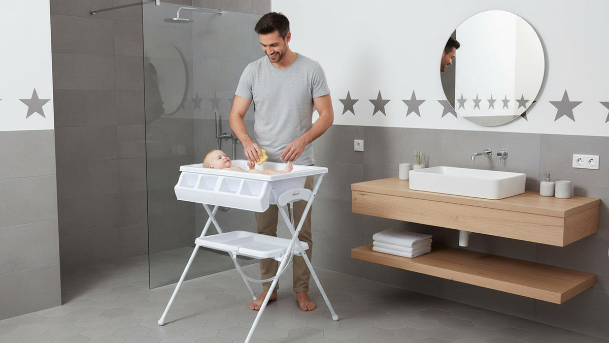 BAMBINETO Bañera alta para bebé BATH con Colchón Cambiador y Base de tijera. ESTRELLAS GRIS