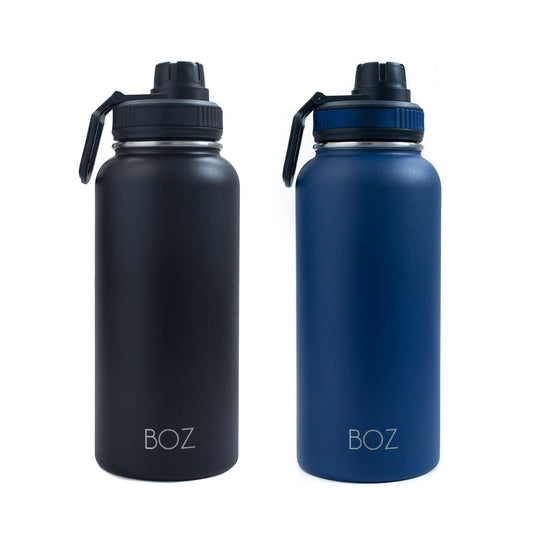 BOZ Botella de agua de acero inoxidable, termo de acero inoxidable 1 litro XL (1 L / 34 oz) boca ancha, sin BPA, aislamiento de doble pared al vacío (Azul/Negro)