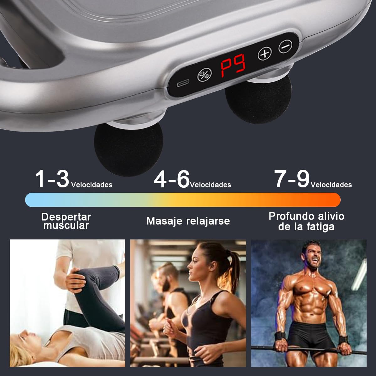 YUDSKU Pistola de Masaje de 6 Cabezas，Masajeador Eléctrico de Tejido Profundo Ajustable de 9 Modos Y 9 Niveles con Pantalla LCD, Masajeador Muscular de Cuerpo Completo con Múltiples Cabezas para Relajar Los Músculos Y Aliviar el Dolor(Gris)