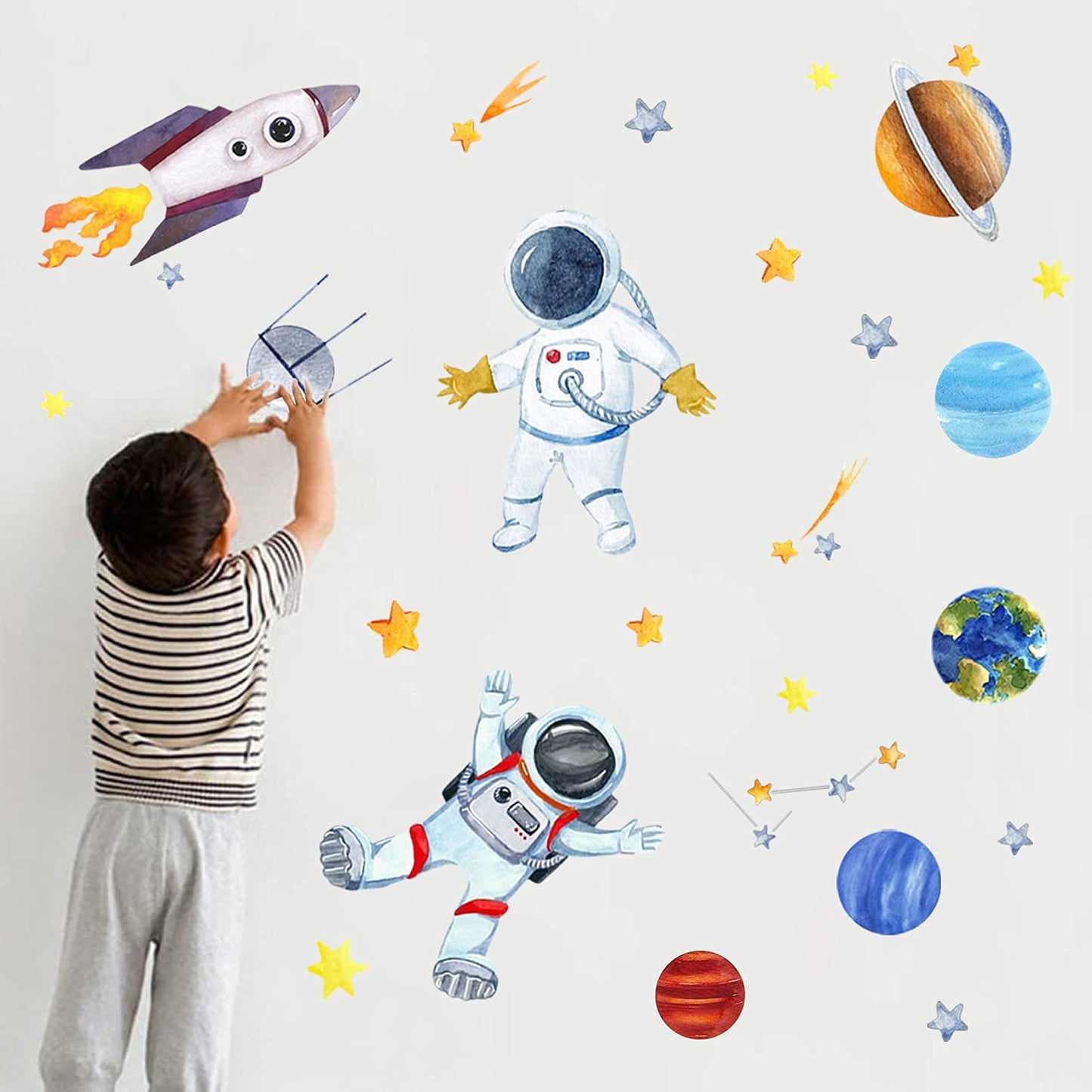 Yovkky Space Astronauta - Calcomanía de pared para naves espaciales, sistema solar galaxia, planeta, despegar, pegatina de acuarela, cohete, cosmonauta, astronave espacial, estrella, decoración del