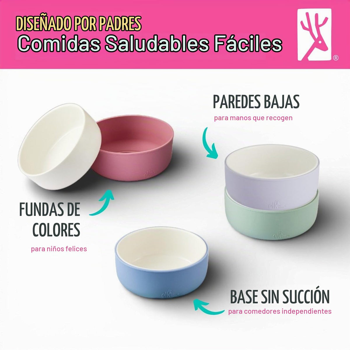 Elk and Friends - Cuencos de porcelana para niños con funda de silicona | Alimentación para niños/niños pequeños/bebés | Apto para microondas y lavaplatos | Antideslizante | Cereal/sopa/aperitivos y