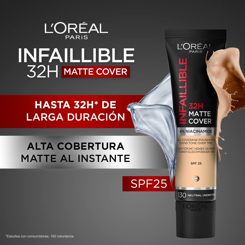 L'Oréal Paris, base de maquillaje de alta cobertura matte y larga duración, Infallible 32h Matte Cover, Tono 130 Neutral