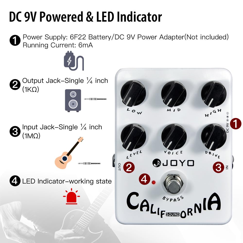 JOYO Overdrive Distortion Pedal Amp Simulador de tonos de roca de OD a Dist para efecto de guitarra eléctrica - Bypass (California Sound JF-15)
