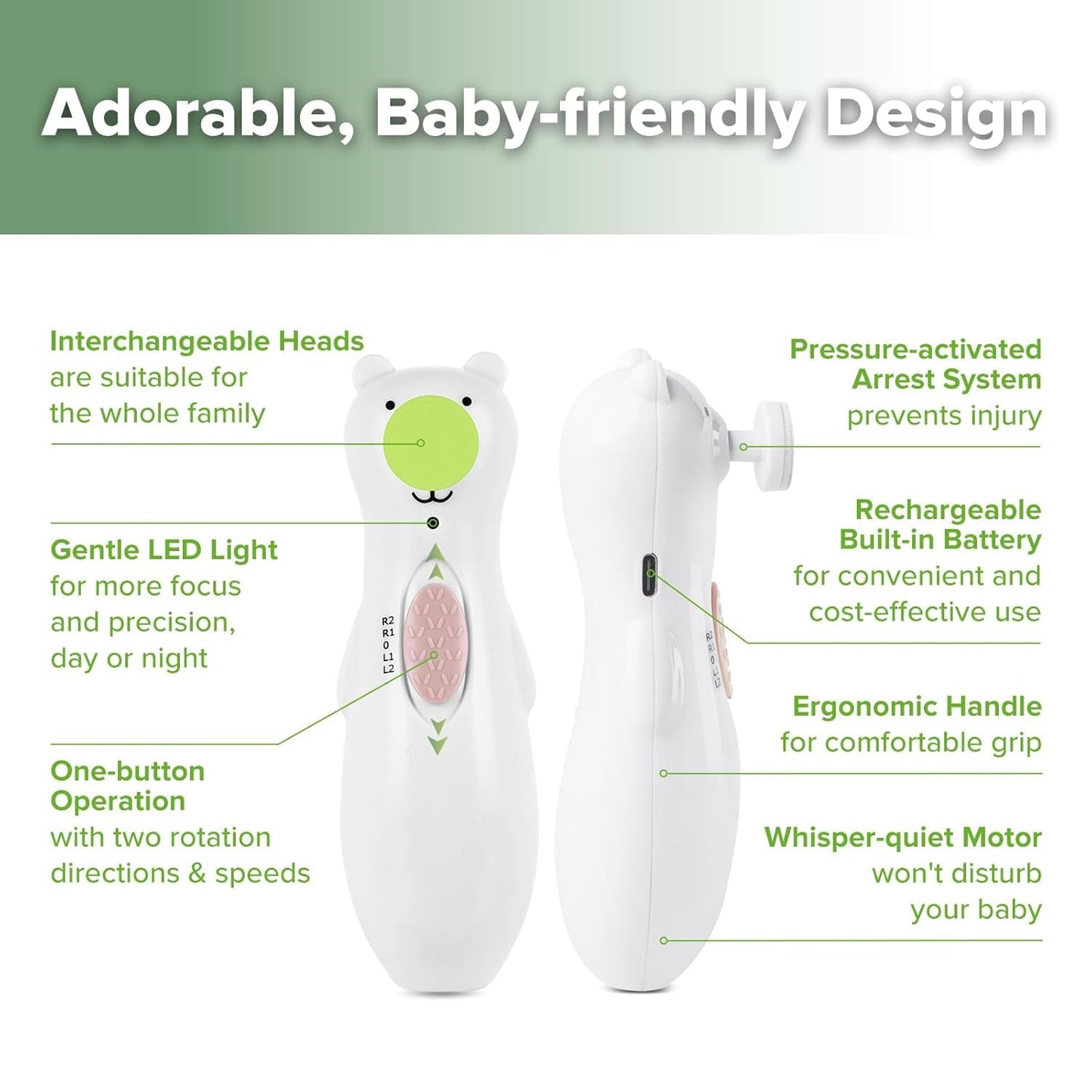 Haakaa Juego De Cortauñas Recargable Happii Bear: Cortauñas Eléctrico Para Bebés Y Lima De Uñas Para Bebés, Luces LED Silenciosas, Blanco, 1 Unidad (Paquete De 2)
