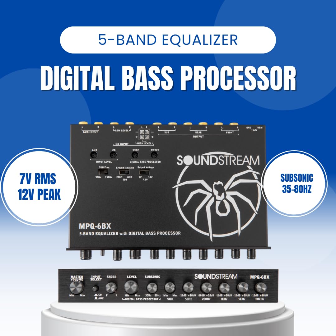 Soundstream MPQ-6BX 1/2 DIN 5 bandas ecualizador de audio para coche con reconstrucción de graves digitales – salida RMS de 7 V, filtro subsónico, ajuste de ecualizador de ± 18 dB, preamplificador de