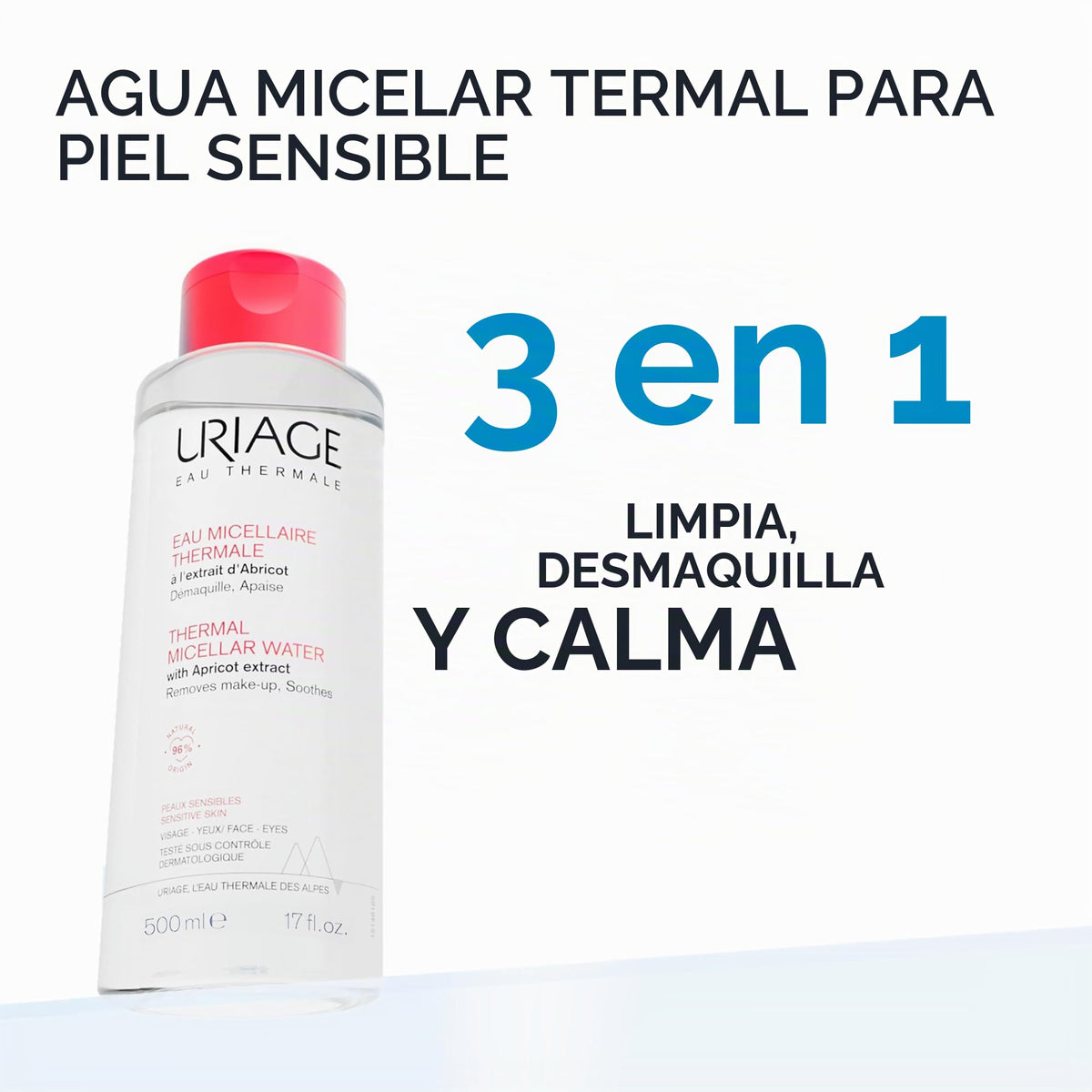 Uriage Agua Micelar termal pieles Sensibles 500 ml – limpieza suave para piel sensible – desmaquilla, calma e hidrata con agua termal y extracto de chabacano