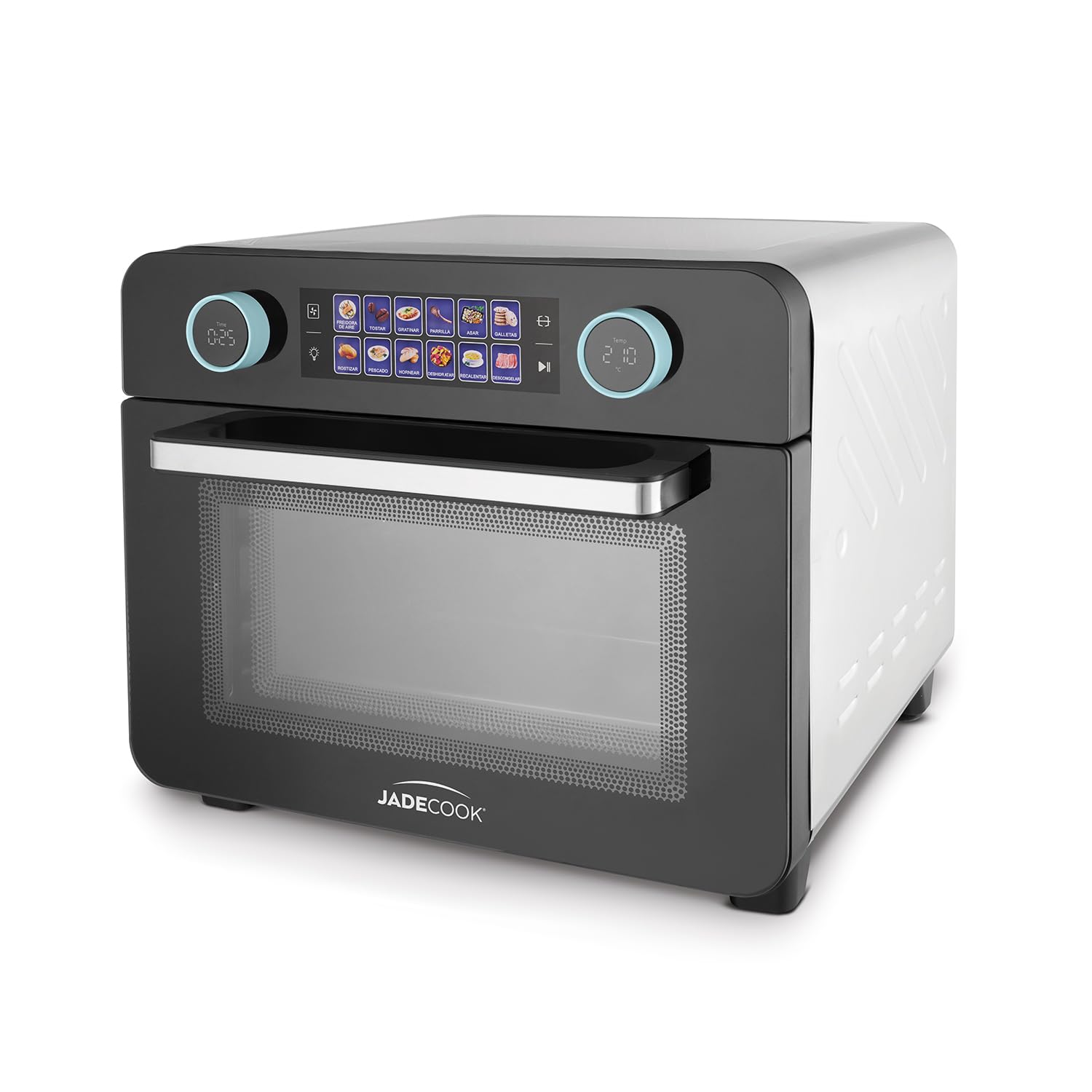 Horno Digital con Freidora de Aire 25L Jade Cook, 6 accesorios y 12 Modos Inteligentes, Parrilla, Hornear, Tostar, Rostizar, Gratinar, Deshidratar, Recalentar, Descongelar, Asar, Galletas, Pescado