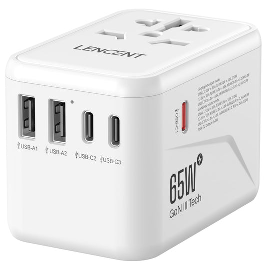 LENCENT Adaptador Universal de Viaje, GaN III 65W Cargador Internacional con 2 Puertos USB y 3 PD USB-C Carga Rápida, Adaptador Cargador Europeo con Enchufe Tipo A/C/G/I para USA/Europa/UK/AUS, Blanco