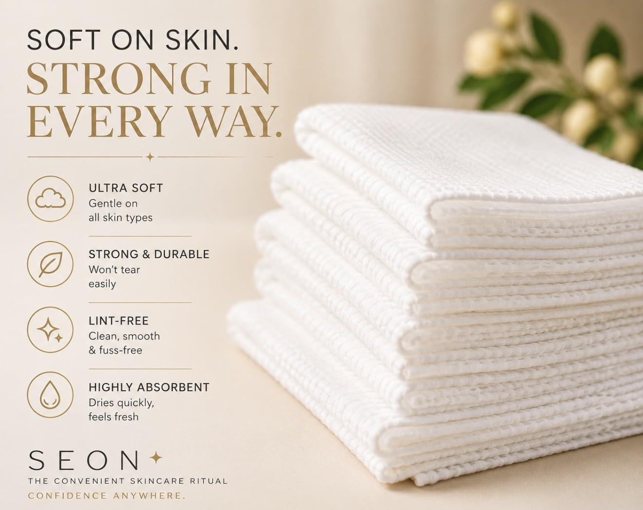 seon Toallas faciales desechables SEON SoftSkin, toallas de limpieza facial biodegradables ultrasuaves, paquete de 50 unidades.