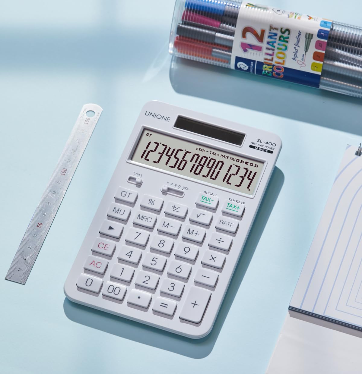 Calculadora UNIONE blanca de 14 Dígitos con Pantalla LCD Brillante para Negocios, Oficina y Escuela Secundaria