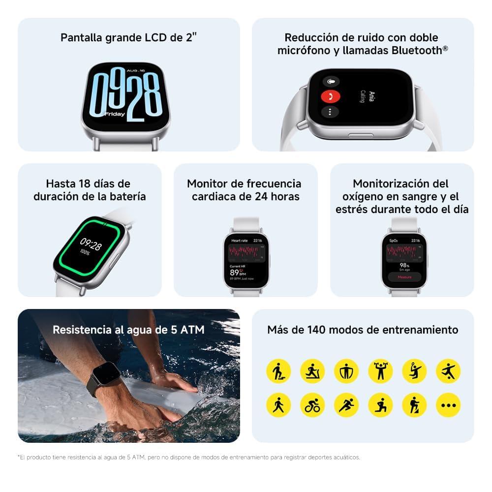Reloj Inteligente Xiaomi Redmi 5 Active Plata Compatibilidad iOS y Android