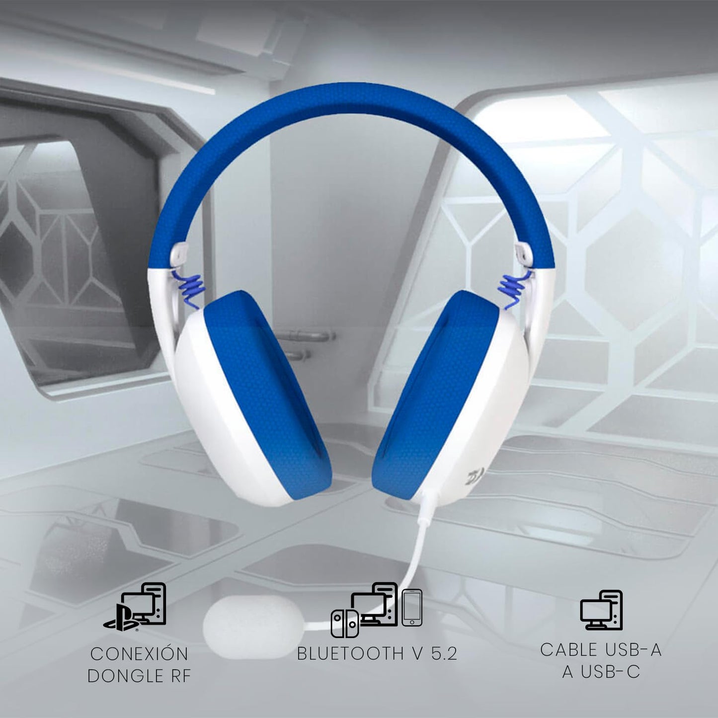 Auriculares Wireless REDRAGON IRE Blanco Azul Ultraligero con Mic Desmontable para PC y Consola
