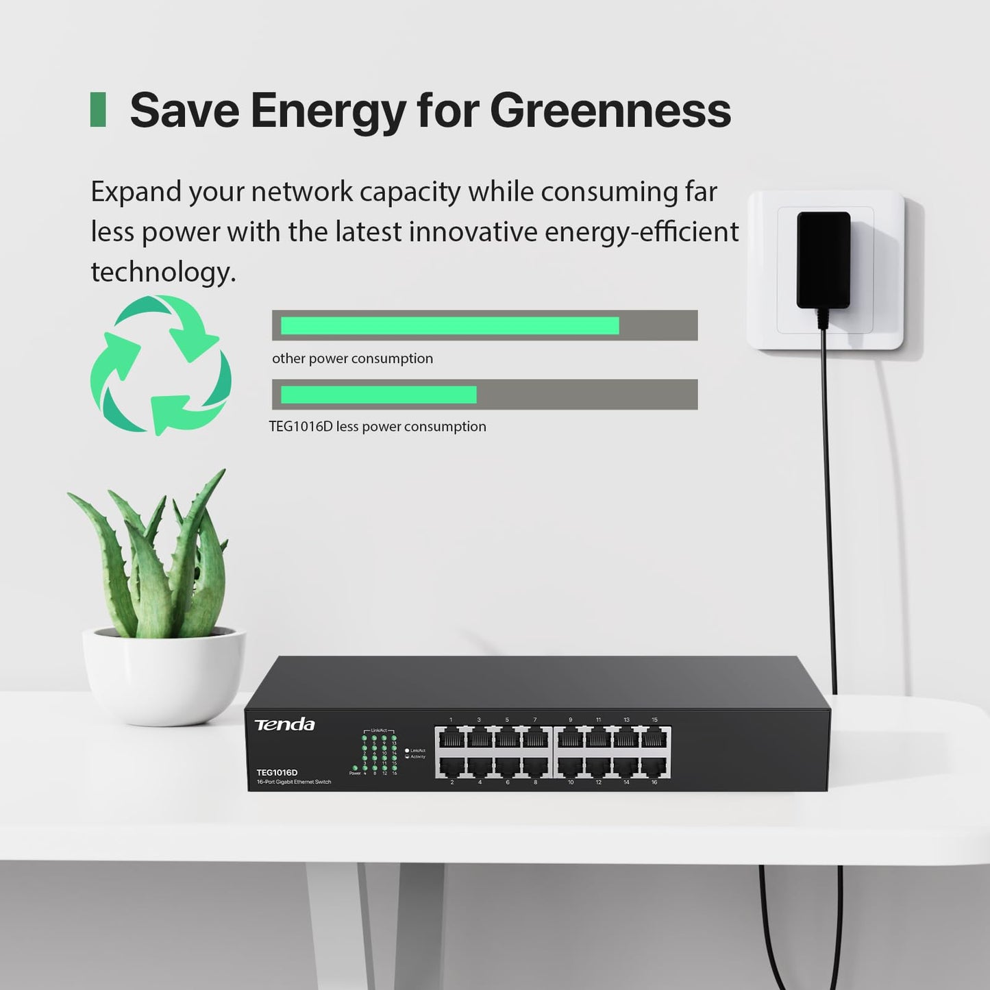 Tenda TEG1016D Switch Gigabit Ethernet de 16 Puertos, 10/100/1000 Mbps, Capacidad de Comunicación 32 Gbps