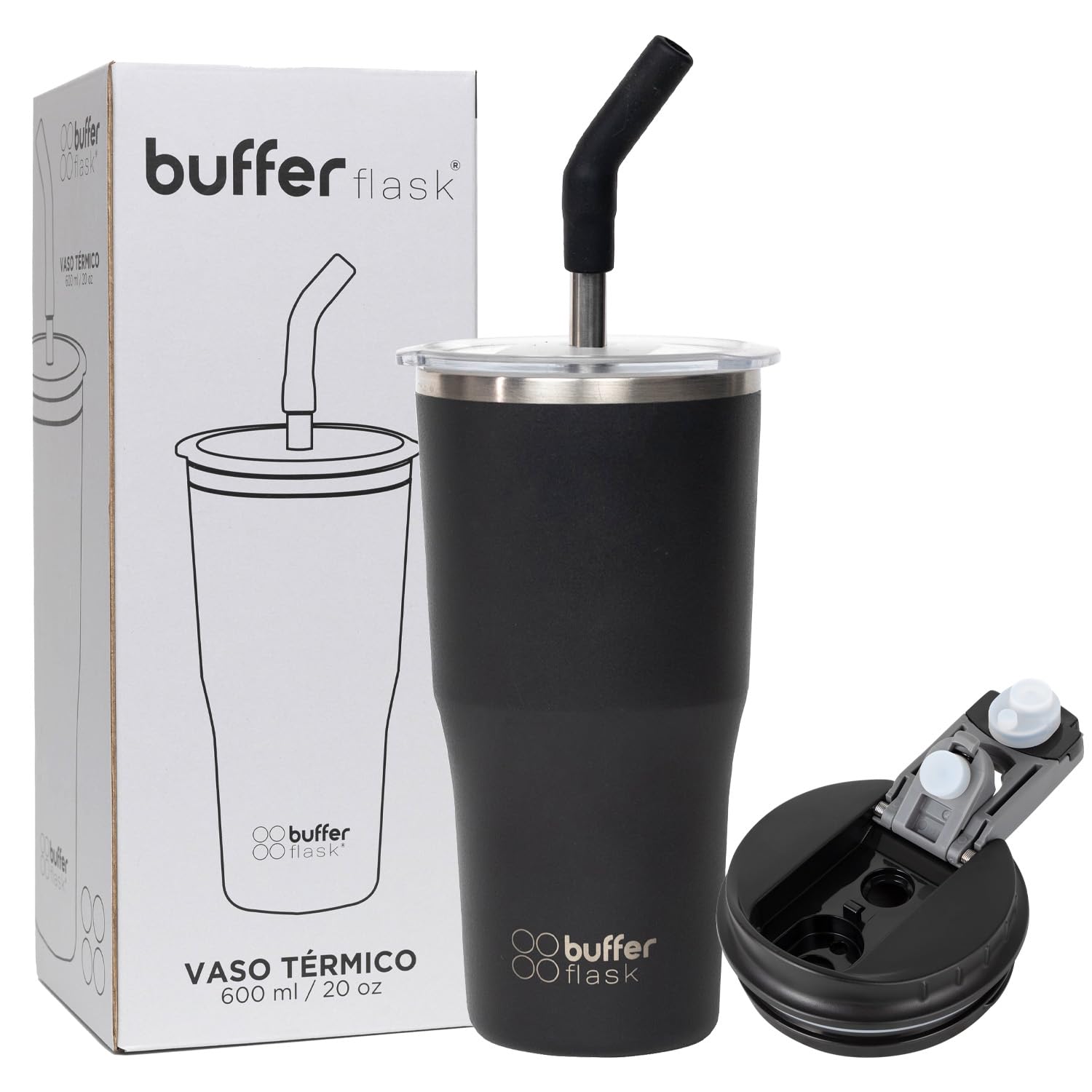 Buffer Flask - Vaso Térmico 600 ml - Termo para Café y Agua de Acero Inoxidable - Tapa Anti Derrame y Fugas - Taza Tumbler Mug para Bebidas Frías y Calientes - Incluye Popote - Color Negro