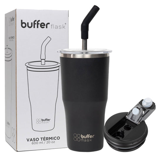 Buffer Flask - Vaso Térmico 600 ml - Termo para Café y Agua de Acero Inoxidable - Tapa Anti Derrame y Fugas - Taza Tumbler Mug para Bebidas Frías y Calientes - Incluye Popote - Color Negro
