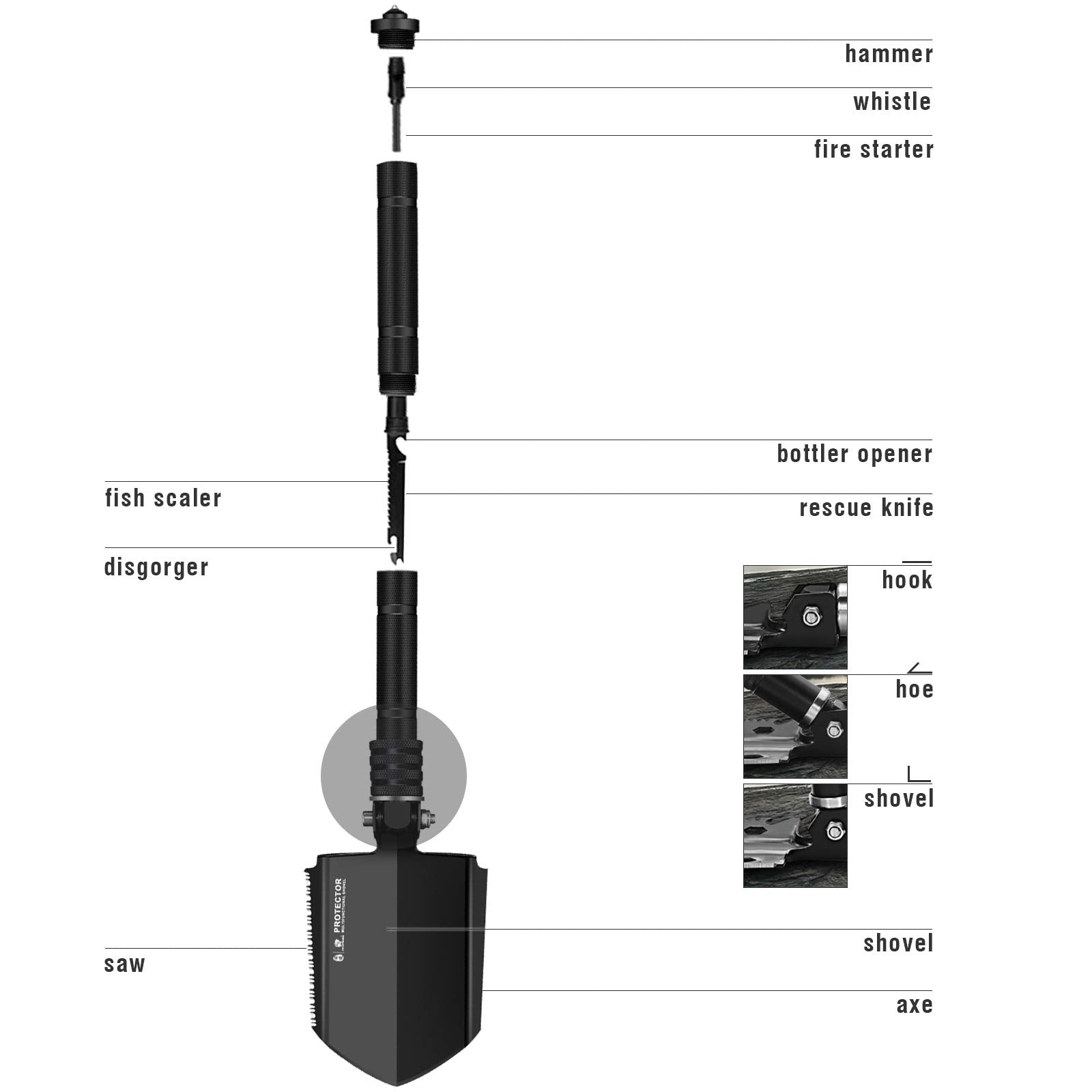 HX Outdoor - Pala de supervivencia multiherramienta, pala plegable militar, pala de camping plegable, pala táctica 15 en 1 con pala plegable para mochileros, zanjadas, senderismo, emergencia de coche