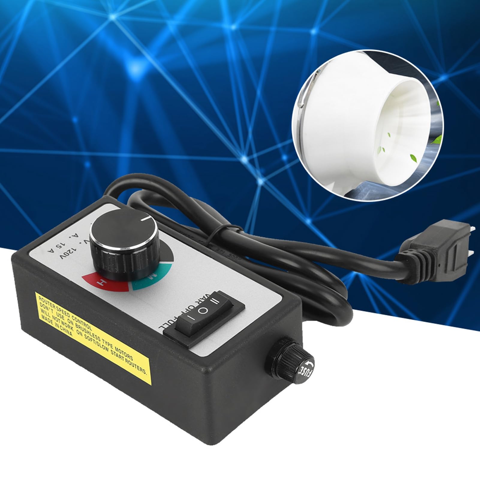Controlador de Velocidad del Ventilador 1800W Ajustador de Velocidad Variable para Escape de Ventilador Hidropónico en Línea Voltaje de Salida AC120V Corriente Máxima 15A (1m)