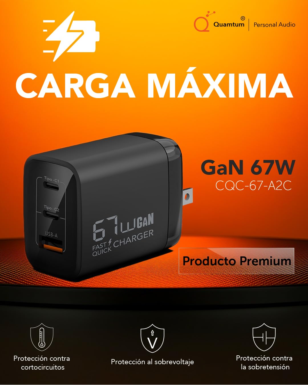 Cargador GAN Quamtum Personal Audio Blanco con 3 Puertos USB Plegable y Portátil para Viajar