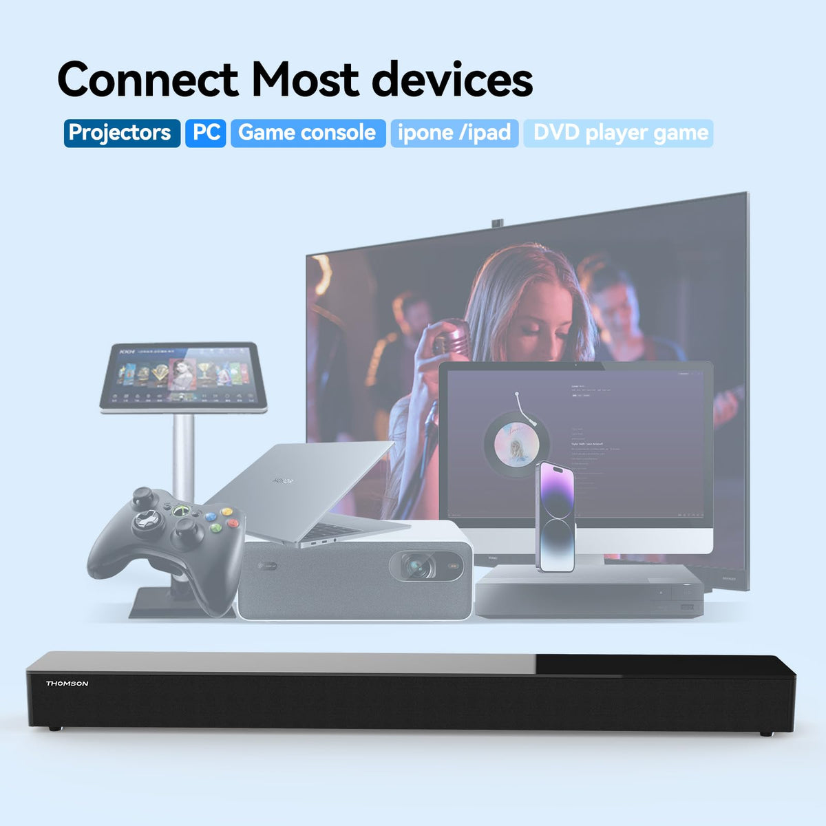 Barra de Sonido Bluetooth THOMSON Negro con Altavoz Bass Reflex para TV y Cine en Casa