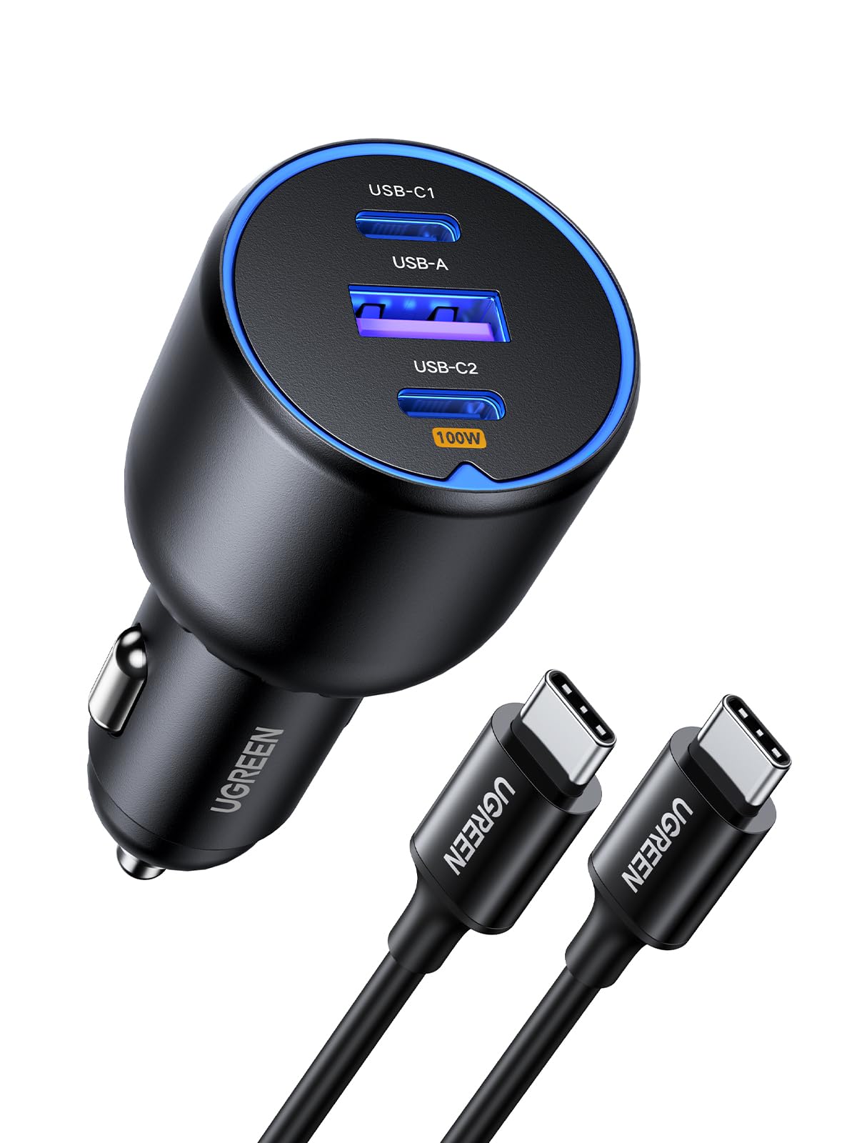 UGREEN 130W Cargador de Coche USB C con 1M 100W Cable USB C, Adaptador de Auto Tipo C Carga Rápida PD 3.0 Compatible con iPhone 16 15 14 13 12, Galaxy S25 S24 Ultra, Xiaomi, MacBook Pro Air, iPad Mini