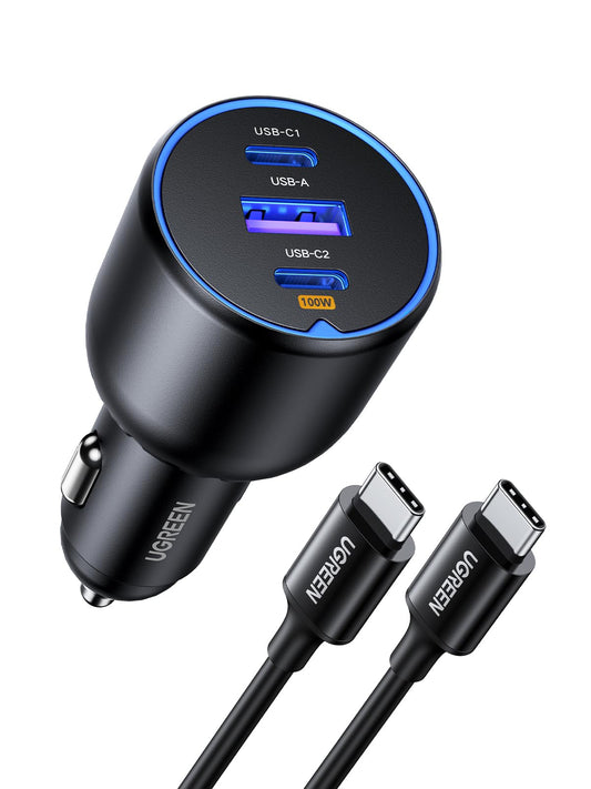 UGREEN 130W Cargador de Coche USB C con 1M 100W Cable USB C, Adaptador de Auto Tipo C Carga Rápida PD 3.0 Compatible con iPhone 16 15 14 13 12, Galaxy S25 S24 Ultra, Xiaomi, MacBook Pro Air, iPad Mini