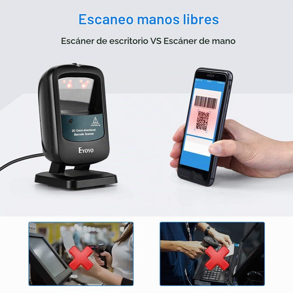 Escáner de Código de Barras Eyoyo Negro Omnidireccional 2D USB