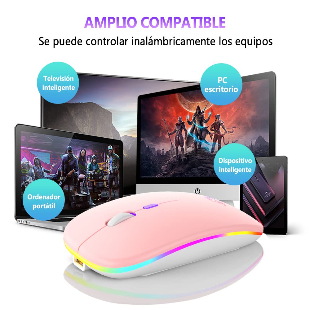 Free wolf X15 Mouse Inalámbrico, Mouse Bluetooth y 2.4GHz Modos Dual Recargable y Ergonómico, Click Silencioso con Receptor USB 3 Ajustable dpi Ratón para Computadora, Portátil, PC, Mac (Rosa)